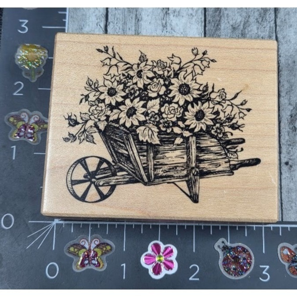 PSX Designs Flower Cart G1756 Wheelbarrow Rubber Stamp Wood #B72